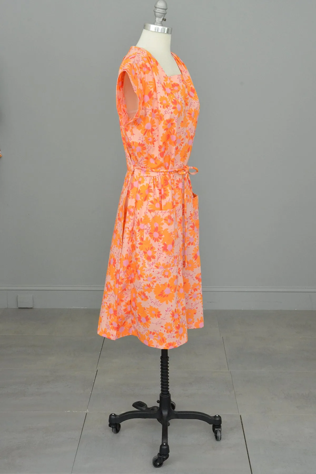 1950s 60s Pink Orange Floral Print Pockets Wrap House Dress