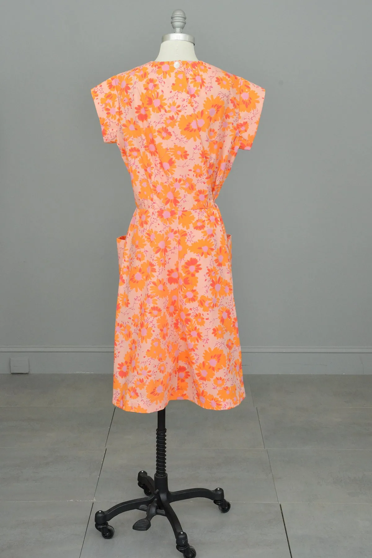 1950s 60s Pink Orange Floral Print Pockets Wrap House Dress