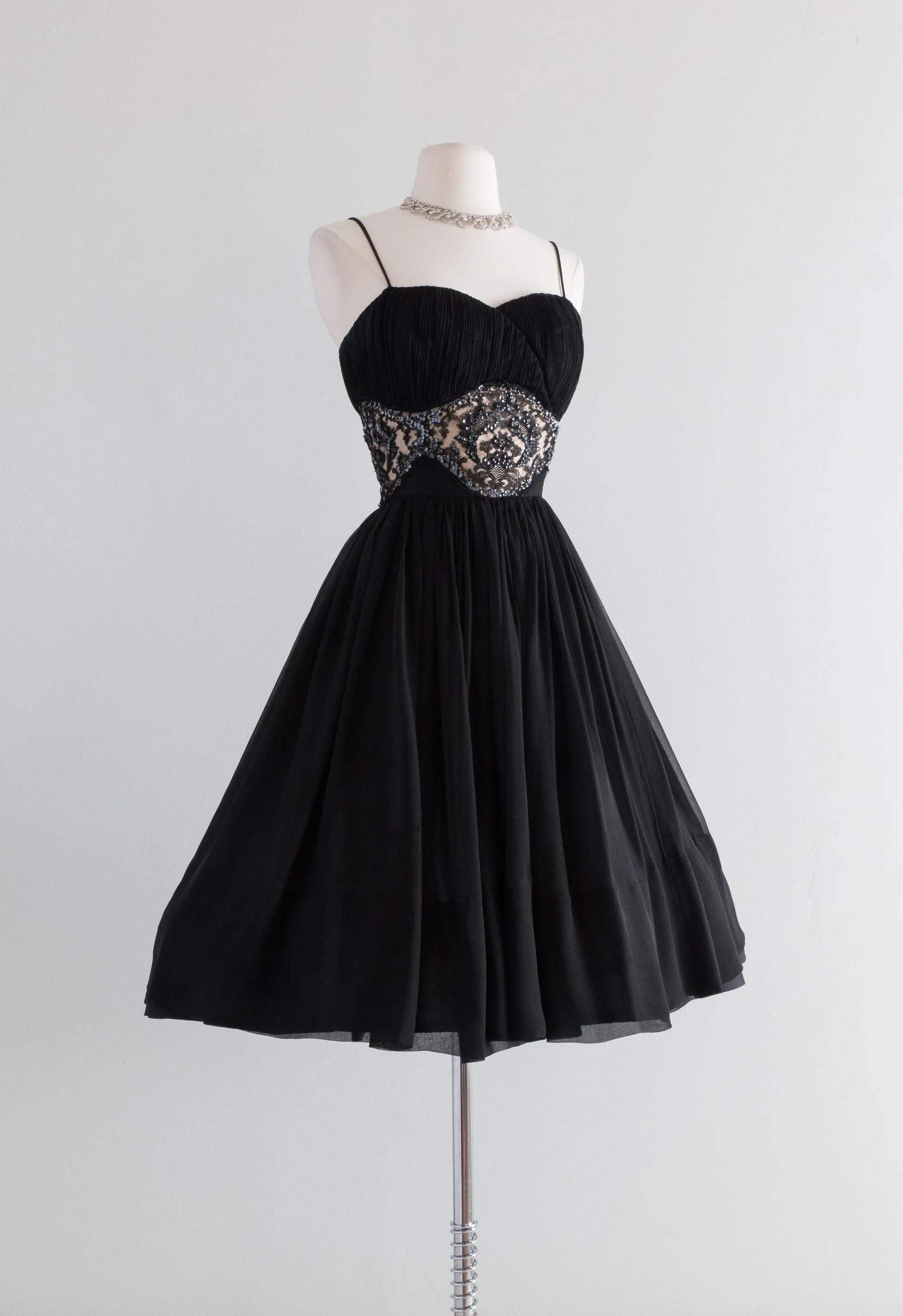 1950's Black Silk Chiffon Party Dress With Illusion Lace & Full Skirt / Waist 26