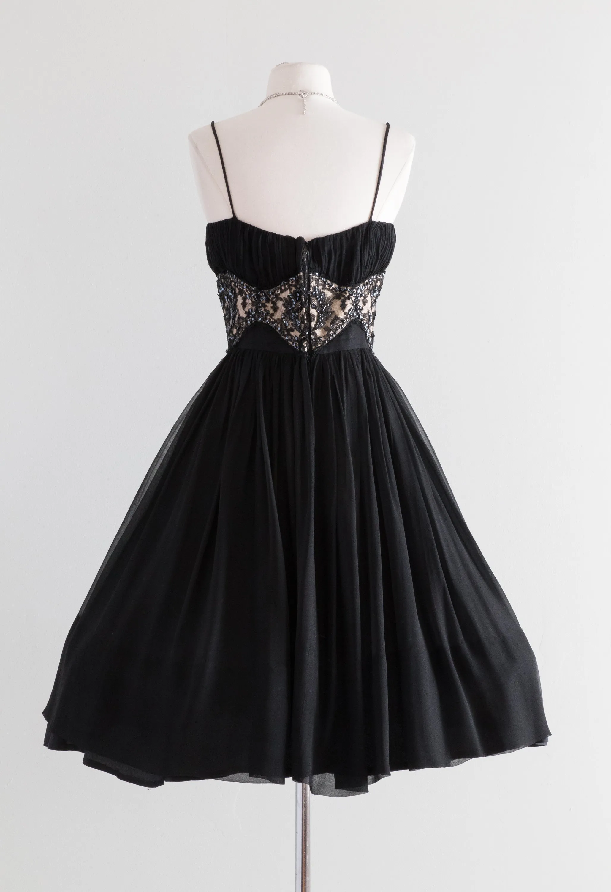 1950's Black Silk Chiffon Party Dress With Illusion Lace & Full Skirt / Waist 26