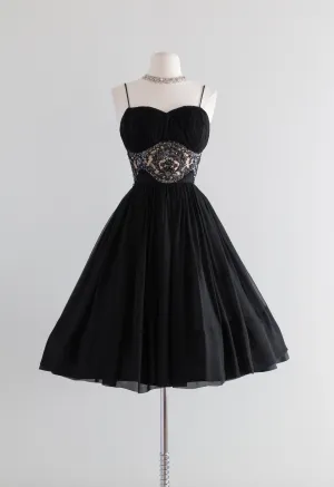 1950's Black Silk Chiffon Party Dress With Illusion Lace & Full Skirt / Waist 26