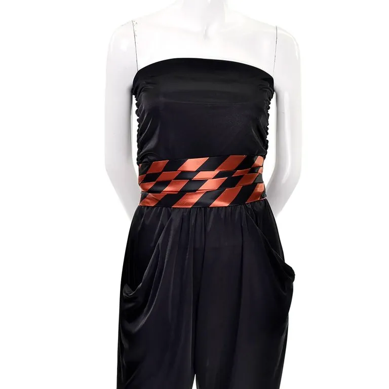 1970's Black Jumpsuit w/ Orange & Black Striped Jacket & Cummerbund