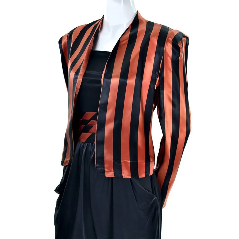 1970's Black Jumpsuit w/ Orange & Black Striped Jacket & Cummerbund