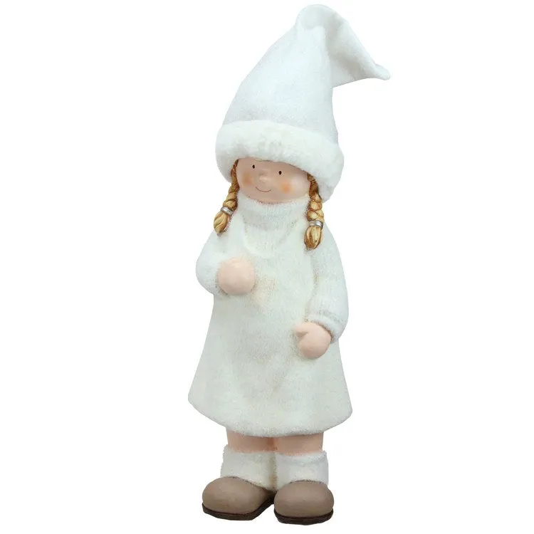 19" White and Beige Winter Girl with Tall Hat Christmas Tabletop Figurine