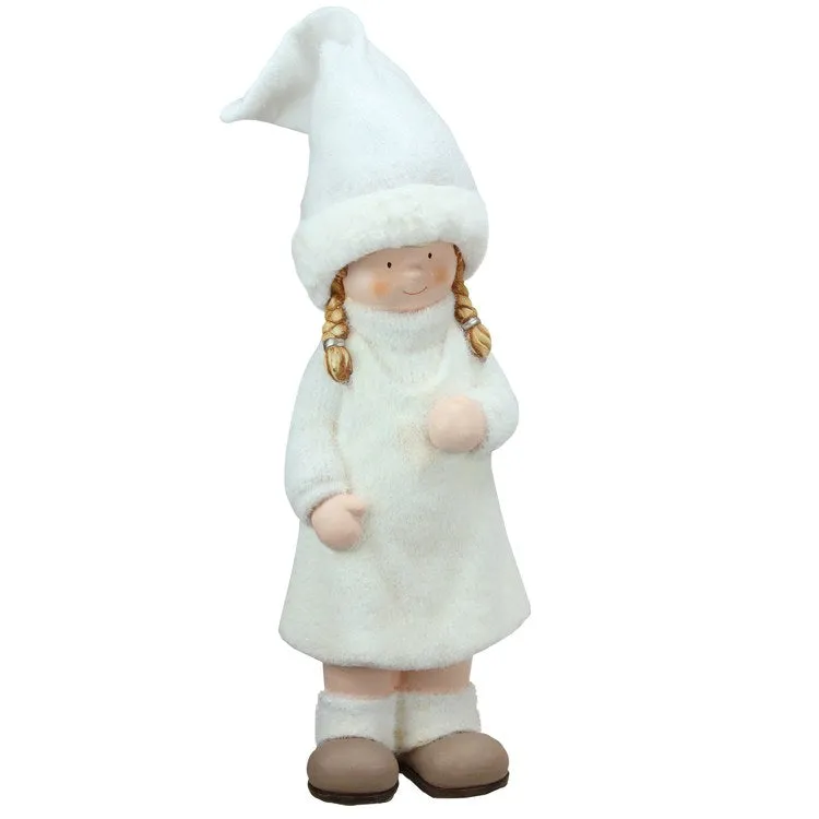 19" White and Beige Winter Girl with Tall Hat Christmas Tabletop Figurine