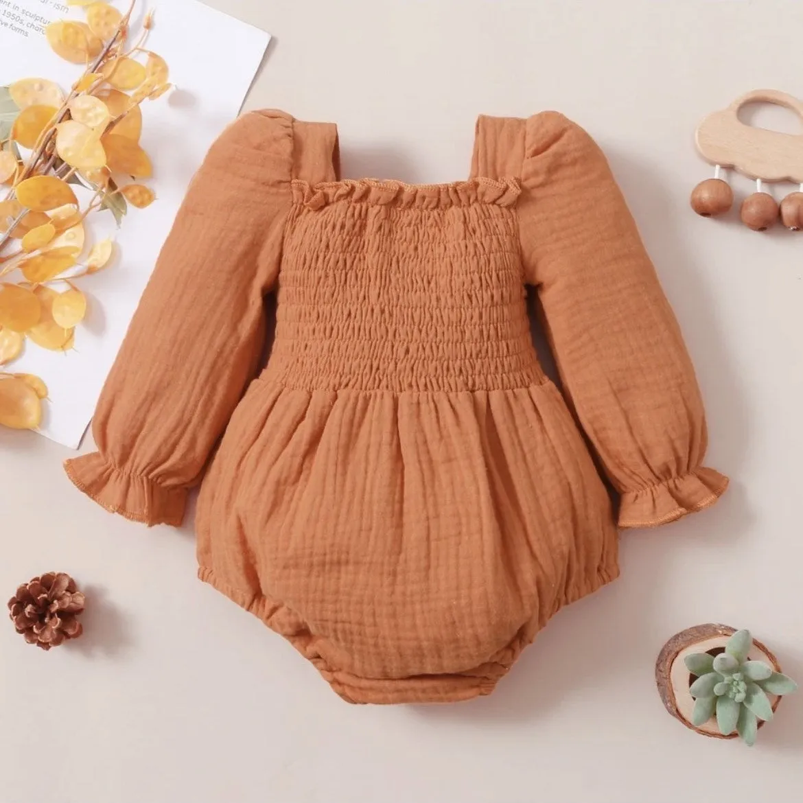 $5.00- 3-6MX2, 6-12MX2,  12-24MX1 -Fall Burnt Orange Ruffle Long Sleeve Romper