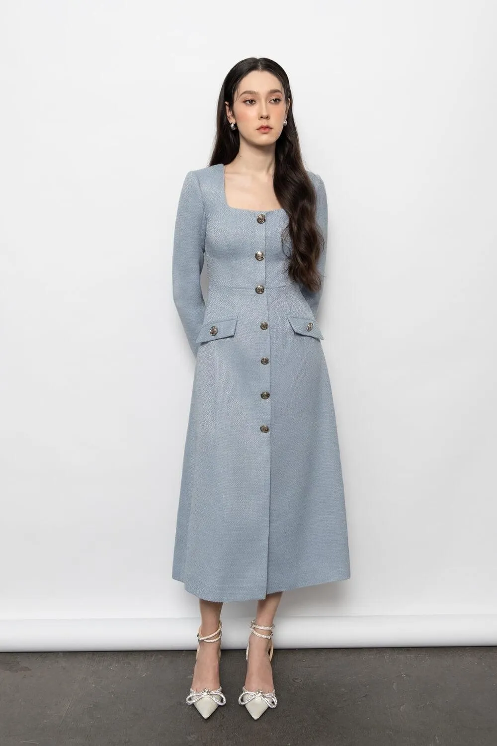 Abigail A-line Square Neck Tweed Midi Dress