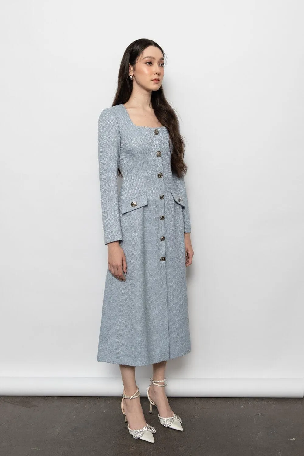 Abigail A-line Square Neck Tweed Midi Dress