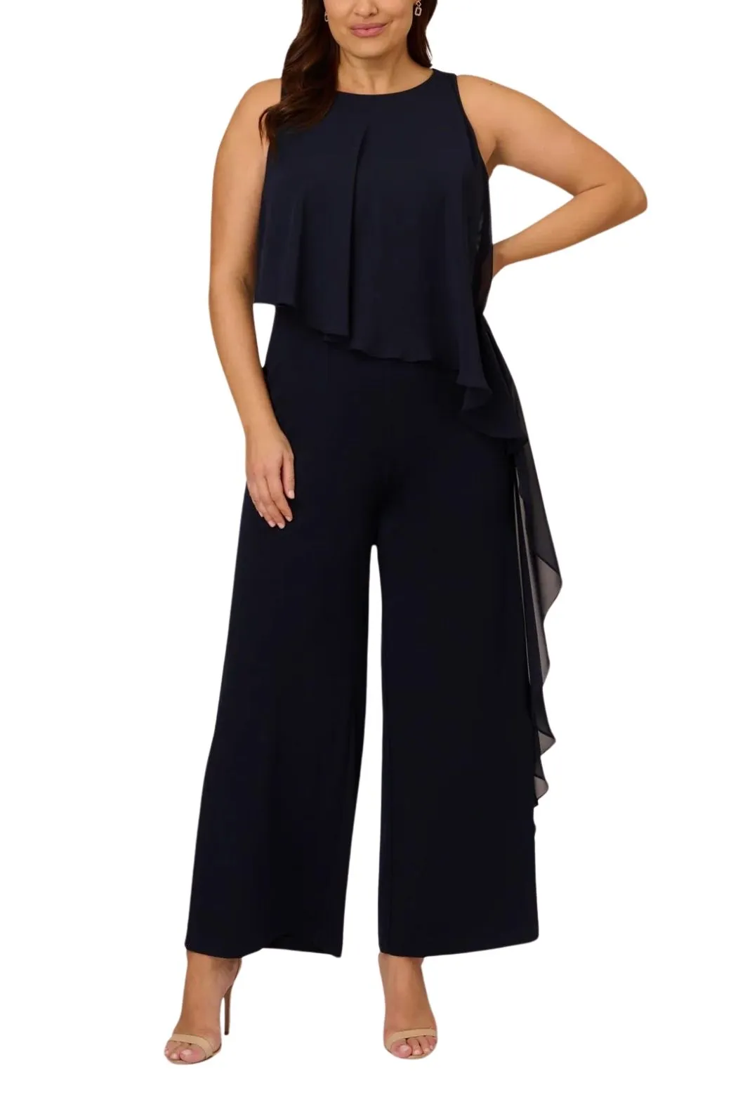 Adrianna Papell Chiffon Crepe Wide Leg Boat Neck Jumpsuit ( Plus Size )