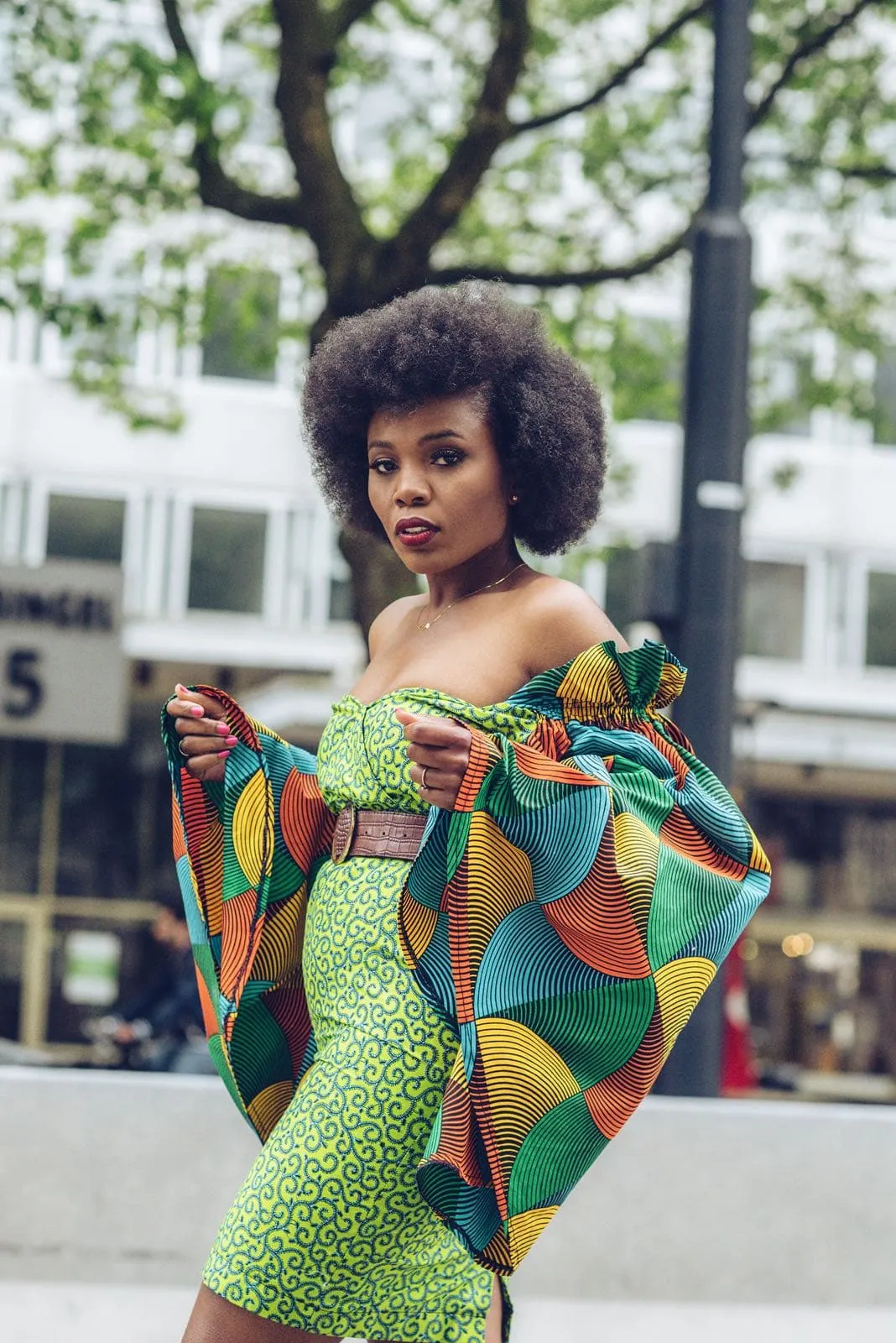 African Print Ankara Fitted Green Dress with Cut-out Sleeves