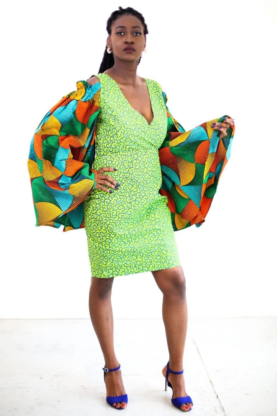 African Print Ankara Fitted Green Dress with Cut-out Sleeves