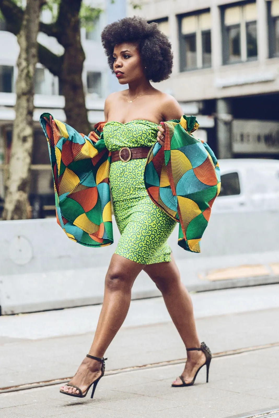 African Print Ankara Fitted Green Dress with Cut-out Sleeves