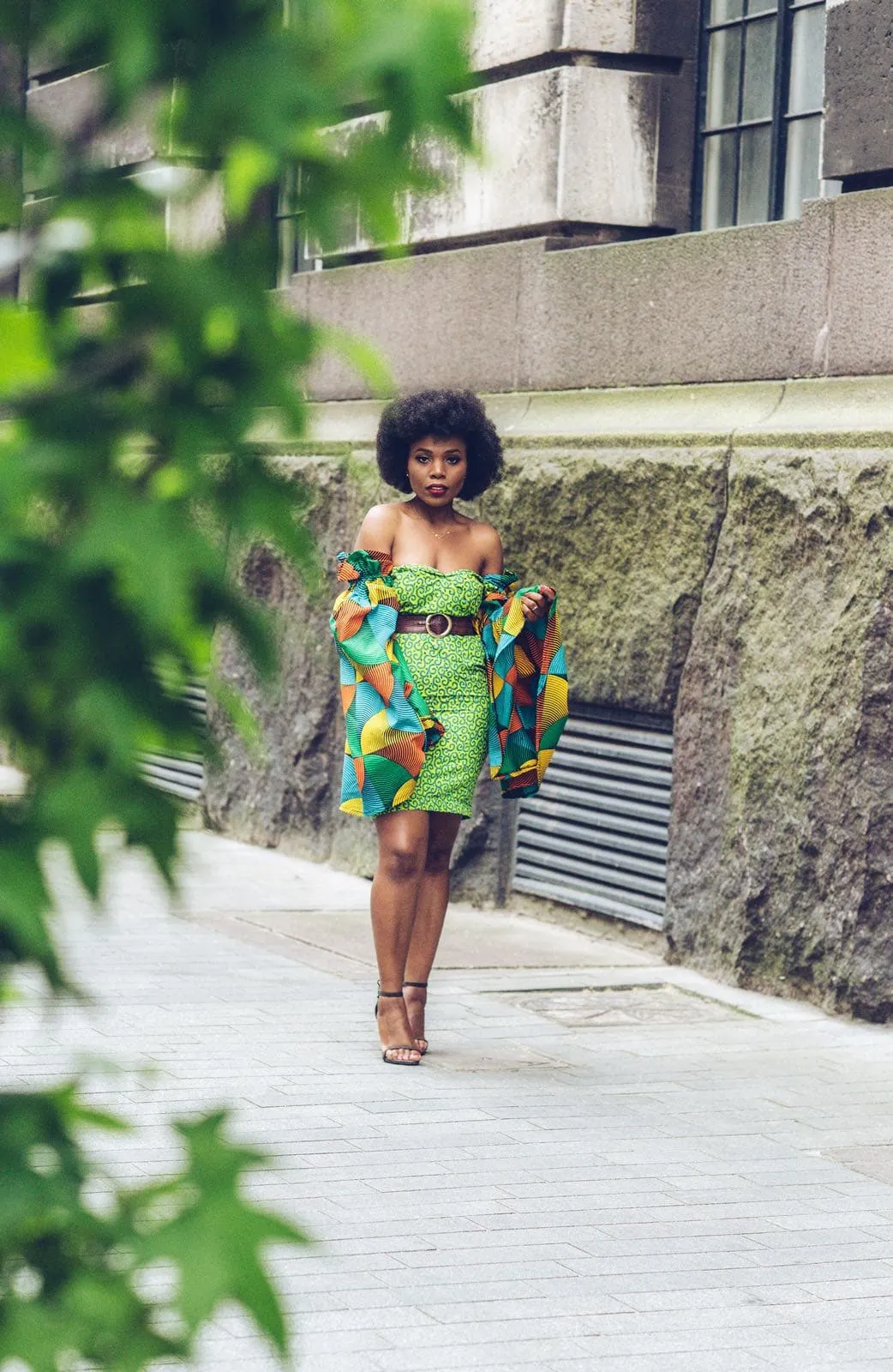 African Print Ankara Fitted Green Dress with Cut-out Sleeves