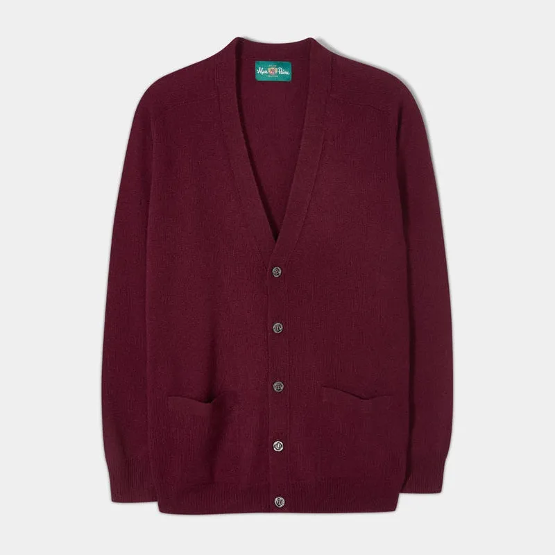 Alan Paine Cornwall Saddle Shoulder Lambswool Cardigan in Bordeaux - Classic Fit