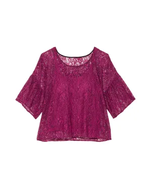 Amelia Lace Tee with Lantern Sleeve | Magenta