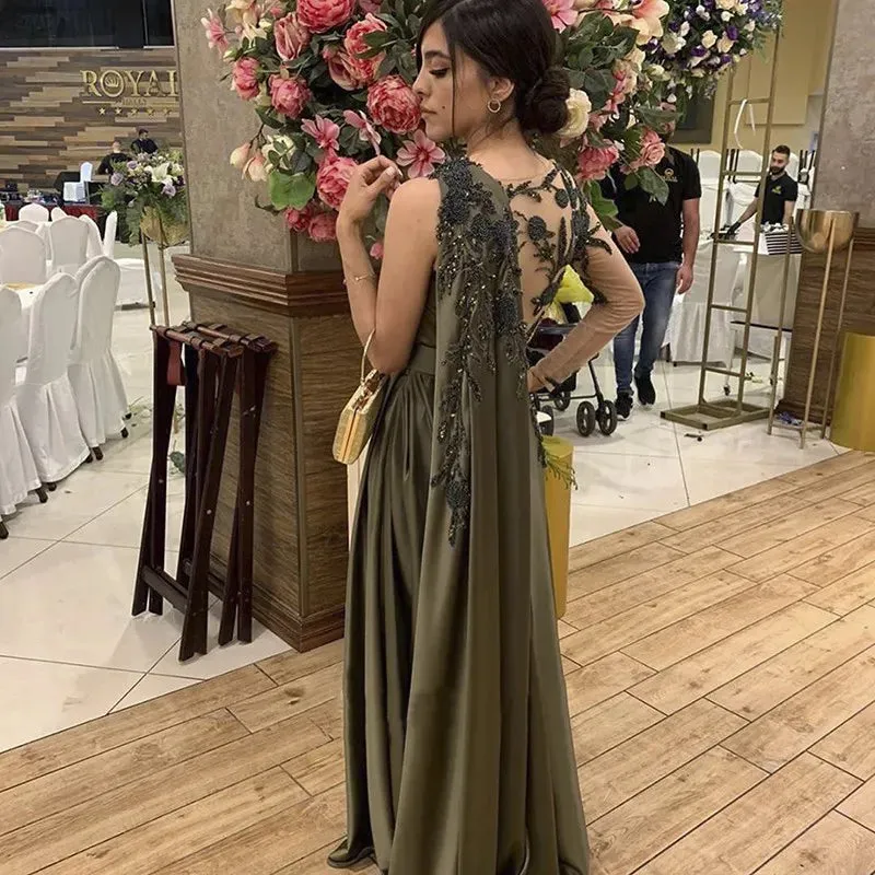 Arabic One Shoulder Olive Green Muslim Evening Dress with Cape Long Sleeves Dubai Women Prom Party Gowns Dresses Elegant Plus Size