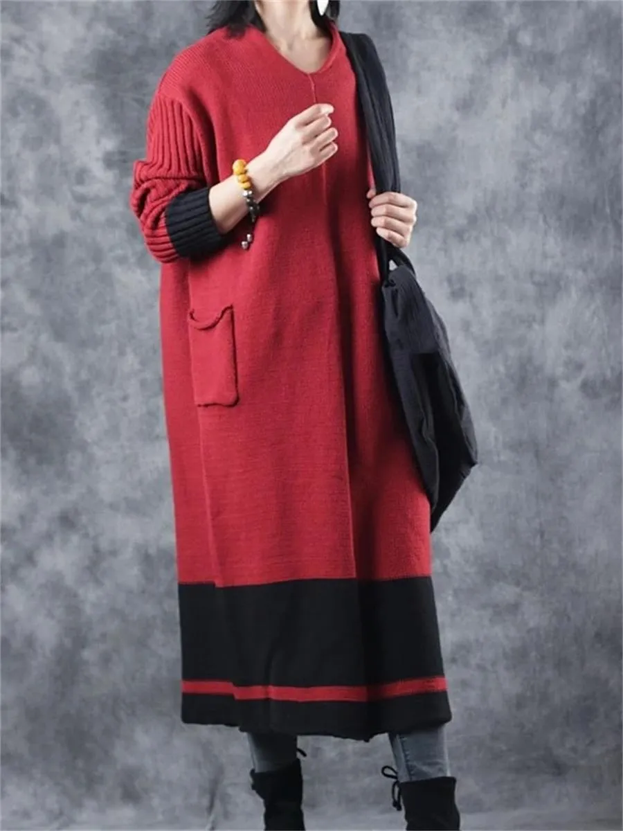 Autumn And Winter Casual Retro Contrast Color Women'S Sweater Dress