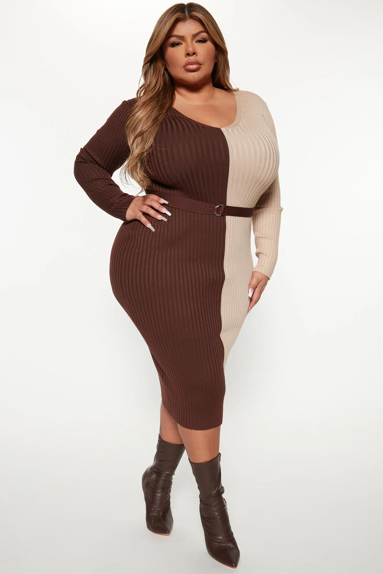 Autumn Calls Colorblock Sweater Midi Dress - Chocolate/Combo