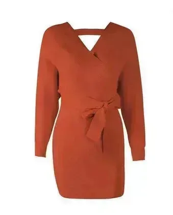 Autumn Winter Slim Fit V-neck Mini Wrap Sweater Dress