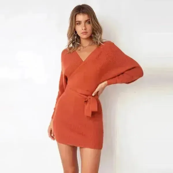 Autumn Winter Slim Fit V-neck Mini Wrap Sweater Dress