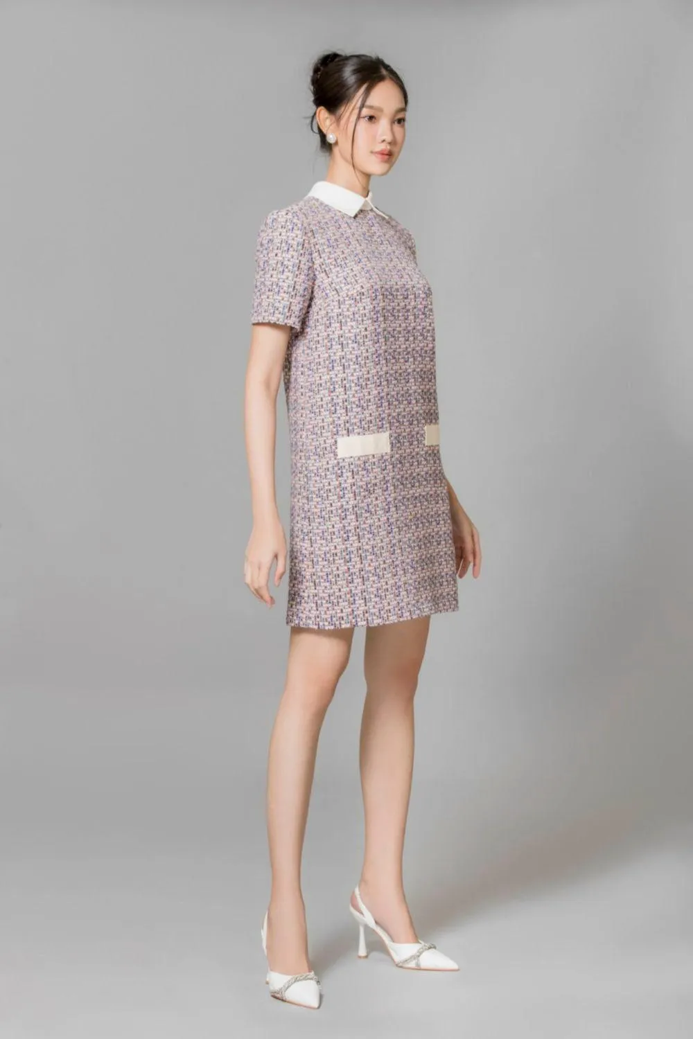 Averi Trapezoid Collared Neck Tweed Mini Dress