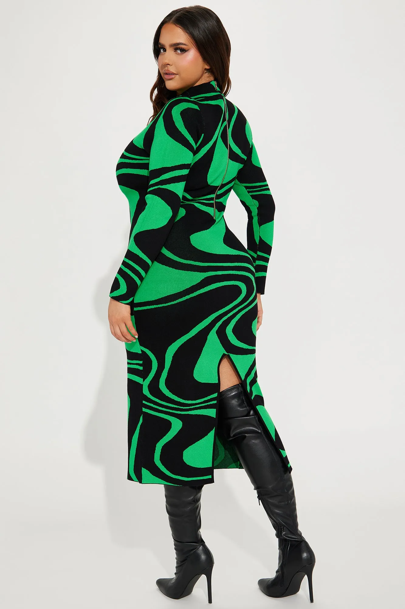 Azaria Sweater Midi Dress - Black/Green