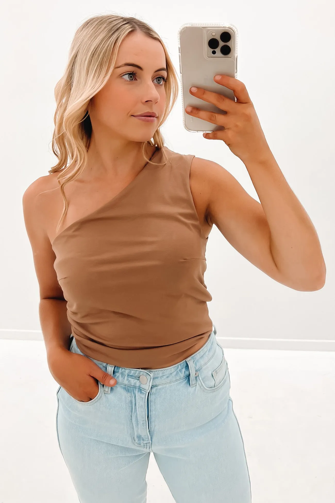 Bec One Shoulder Top Mocha Brown