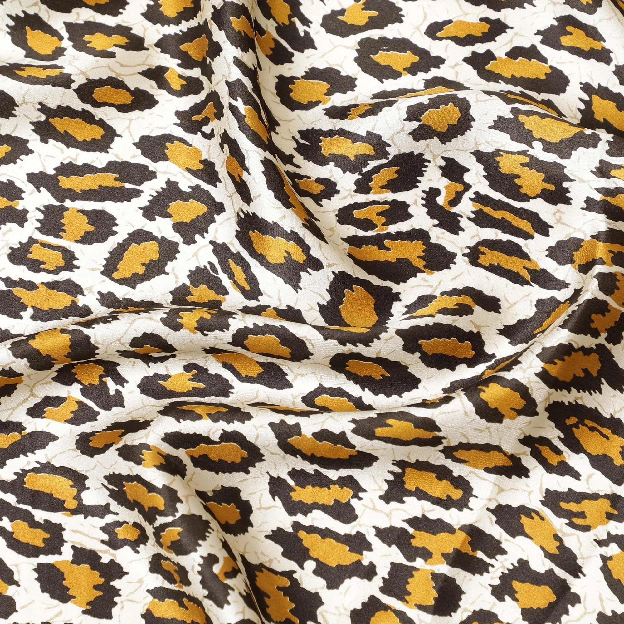 Beige premium 100% pure silk satin fabric with mustard, olive green and black print in animal skin design-D9287