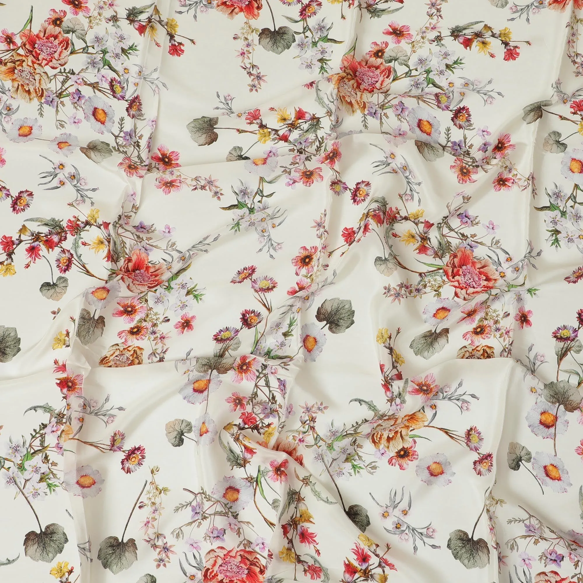 Beige synthetic crepe fabric with multicolor print in floral design-D10003