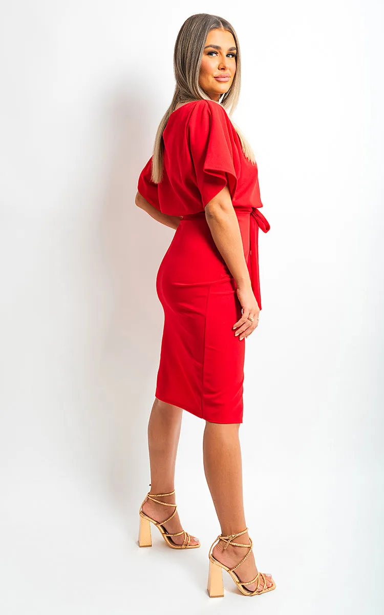 Belted Wrap Front Kimono Sleeve Midi Dress