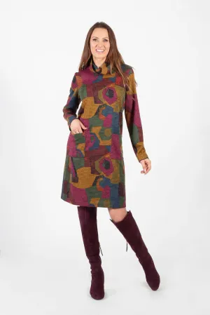 Berry Mustard Green Pattern Turtle Neck Dress with Pockets