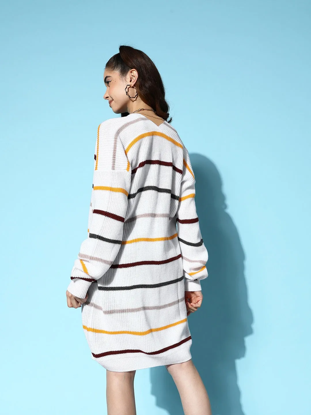 Berrylush Women White & Multicolour Striped Pattern V-Neck Drop-Shoulder Sleeve Open-Front Ribbed Hem Longline Cardigan