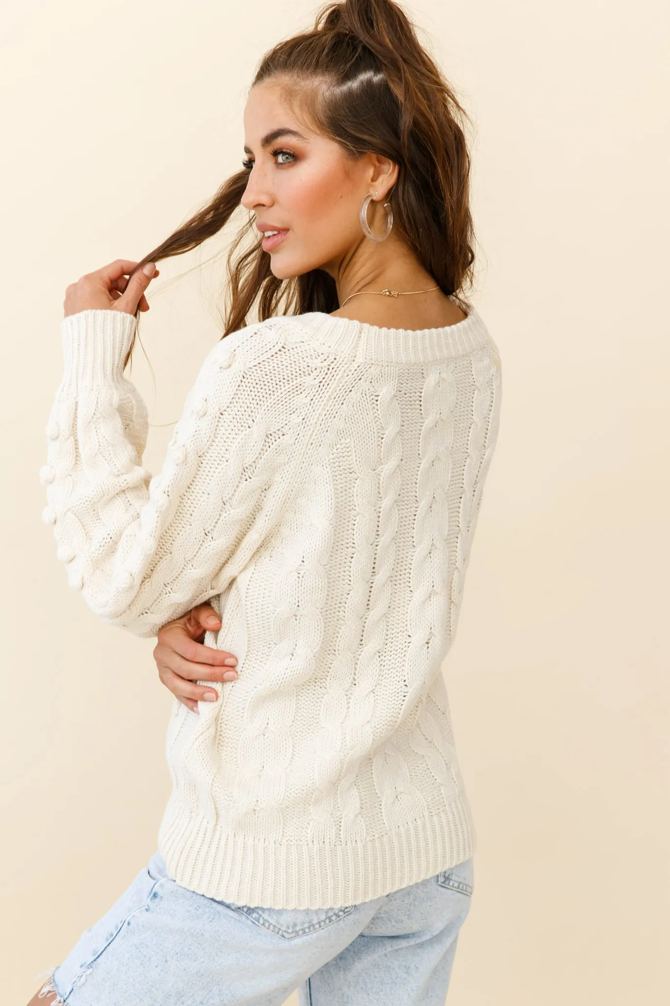 Bestie Pom Pom Detail Cable Knit Sweater Cream