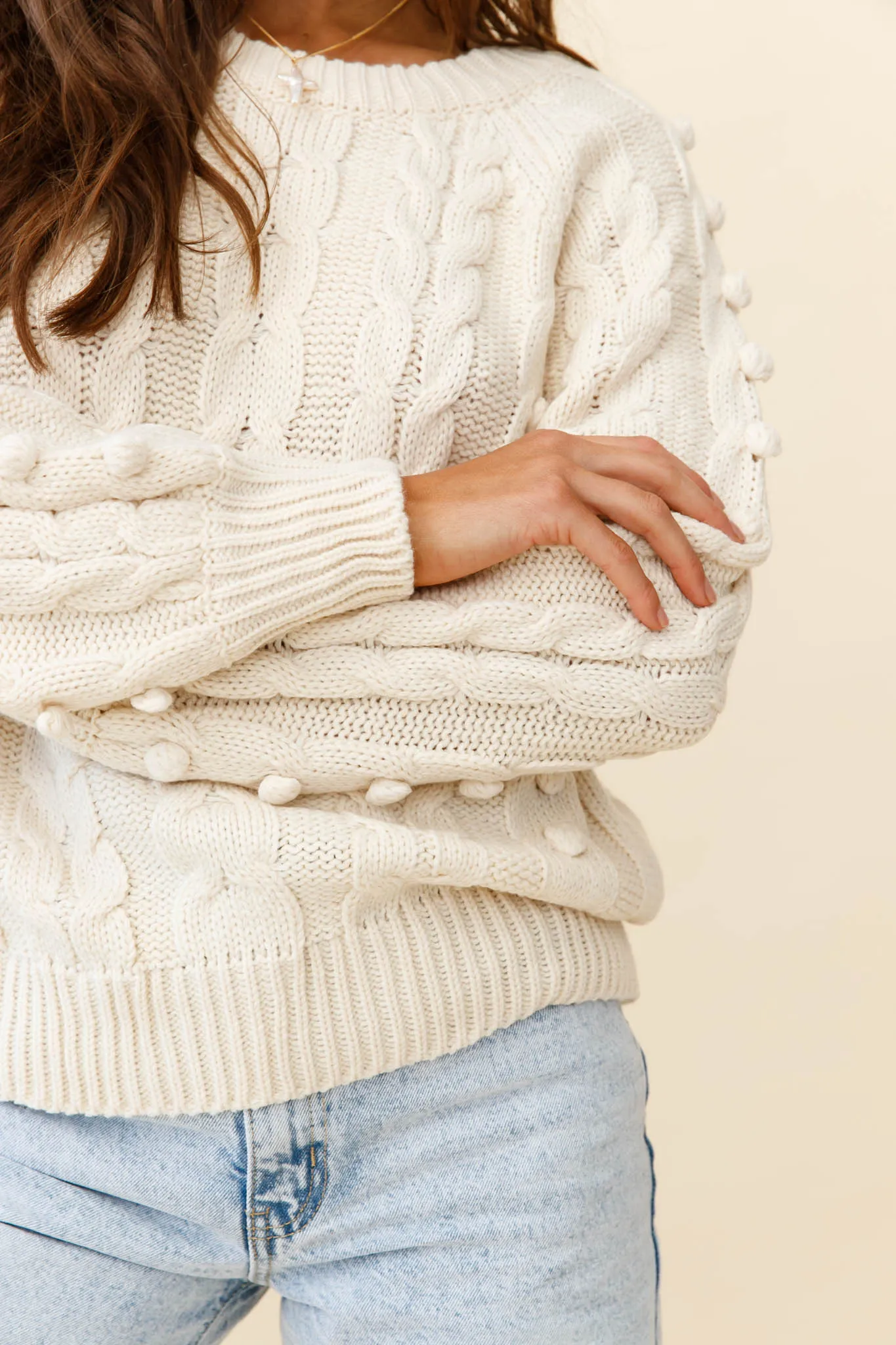 Bestie Pom Pom Detail Cable Knit Sweater Cream