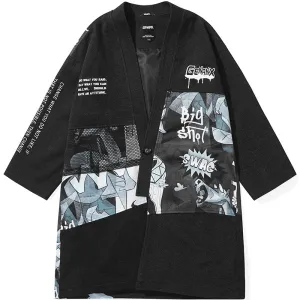 Black Comic Style Print Patchwork Trench Coat