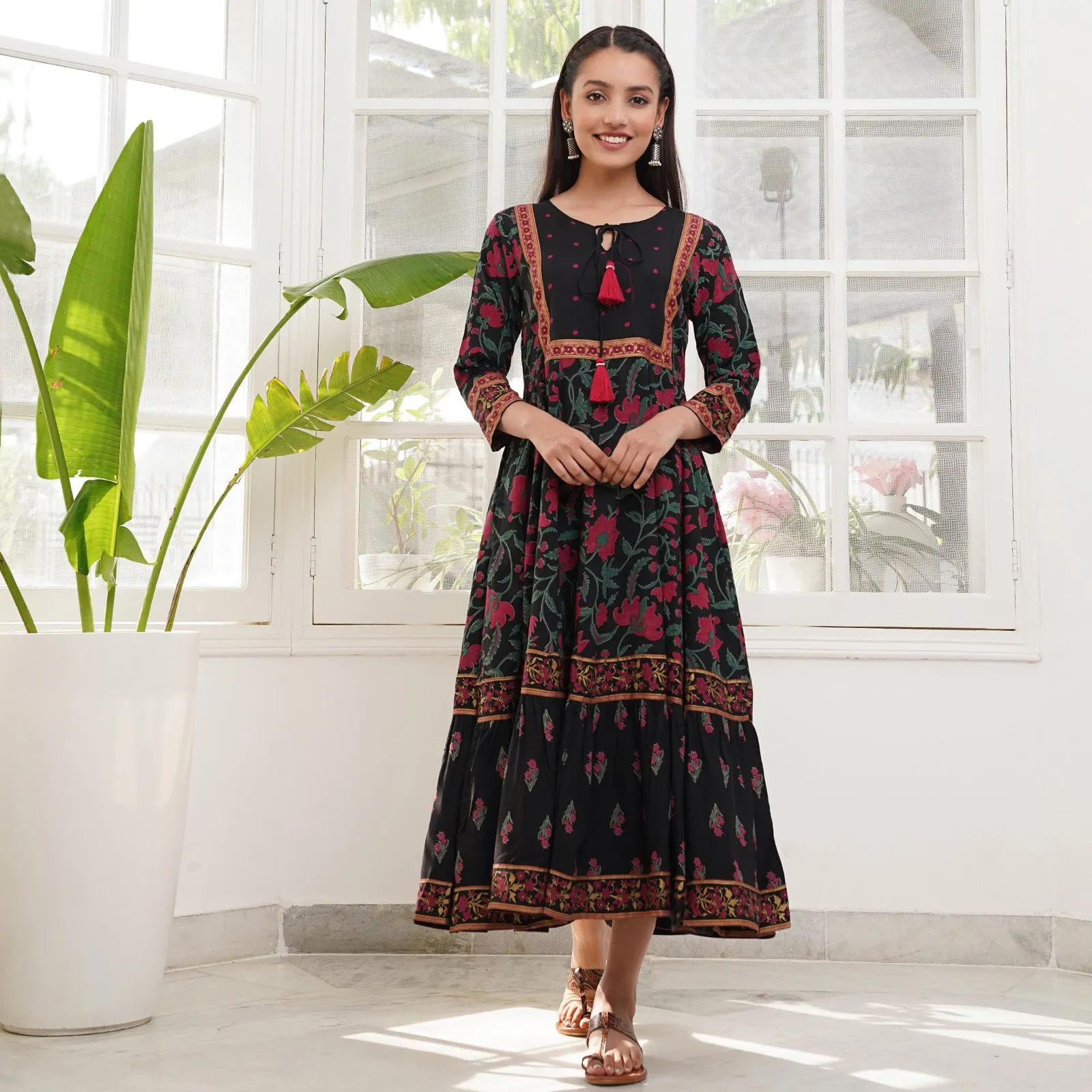 Black Floral Dress with Hem Details