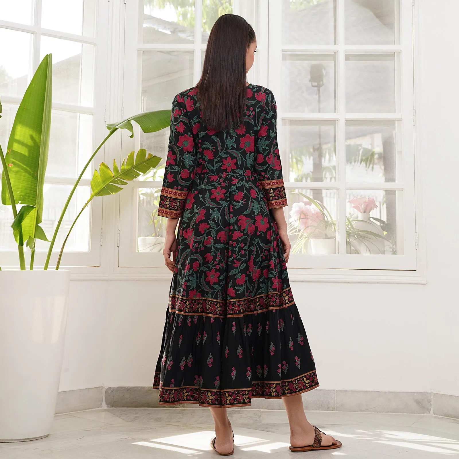 Black Floral Dress with Hem Details