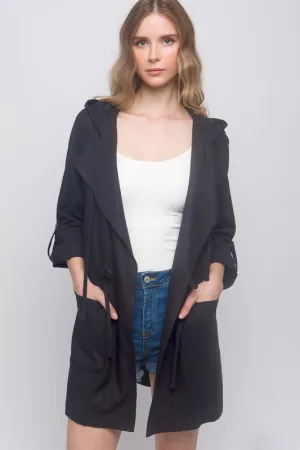 Black Open Front Hoodie Trench Linen Jacket