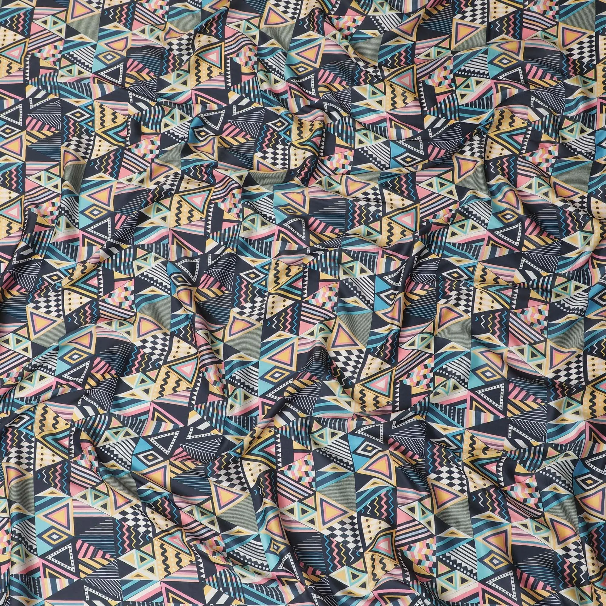 Black synthetic crepe fabric with multicolor print in abstract design-D15659