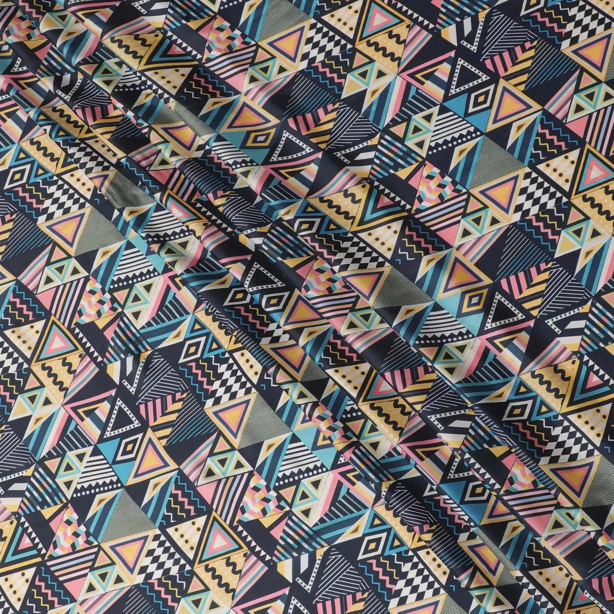 Black synthetic crepe fabric with multicolor print in abstract design-D15659