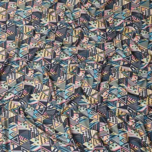 Black synthetic crepe fabric with multicolor print in abstract design-D15659