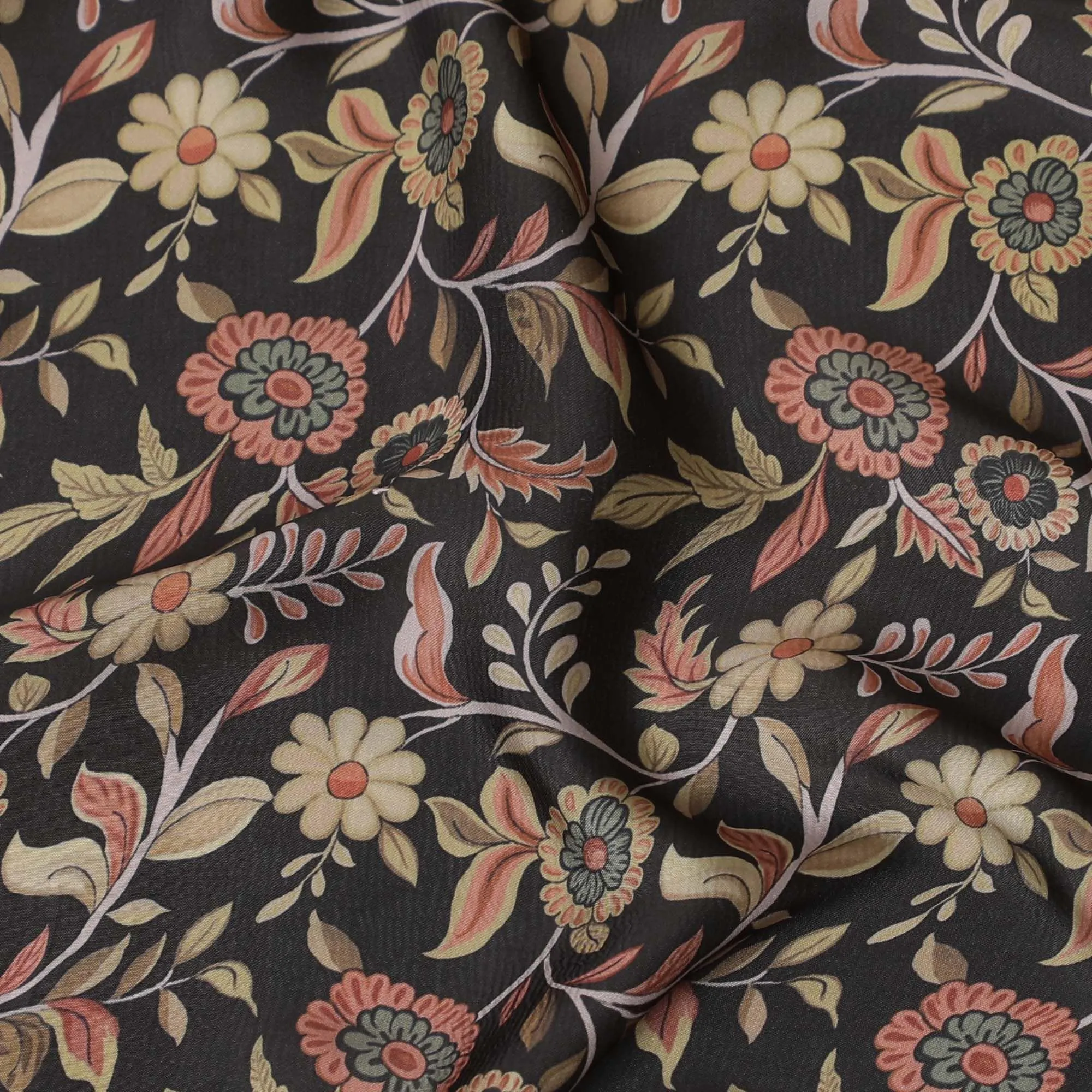 Black synthetic crepe fabric with multicolor print in floral design-D15661