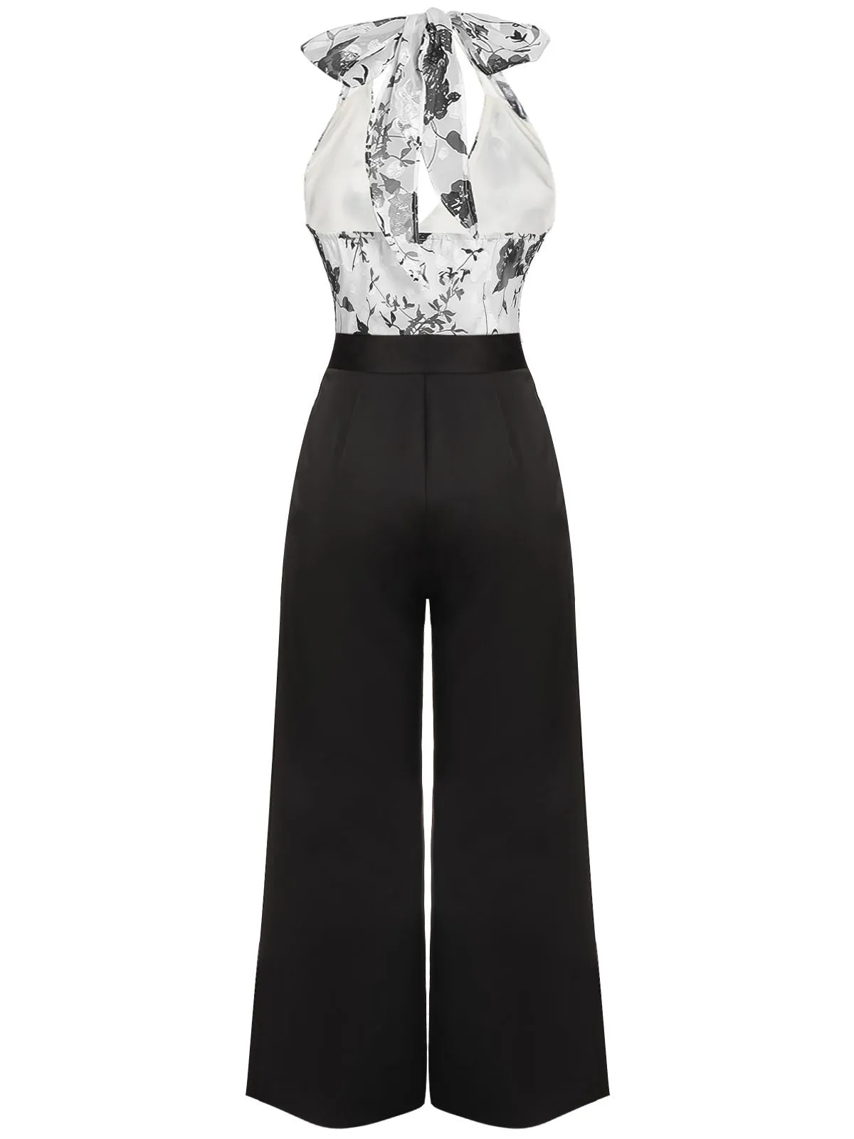 Black White 1930s Floral Halter Strap Jumpsuit