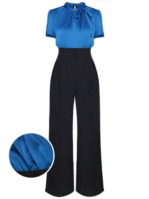 Blue 1930s Solid Lace-up Jumpsuit