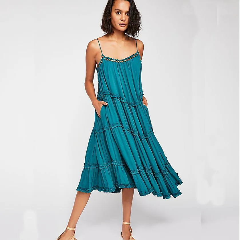 Bohemian Solid Color Sleeveless Stringy Selvedge Slip Maxi Dress