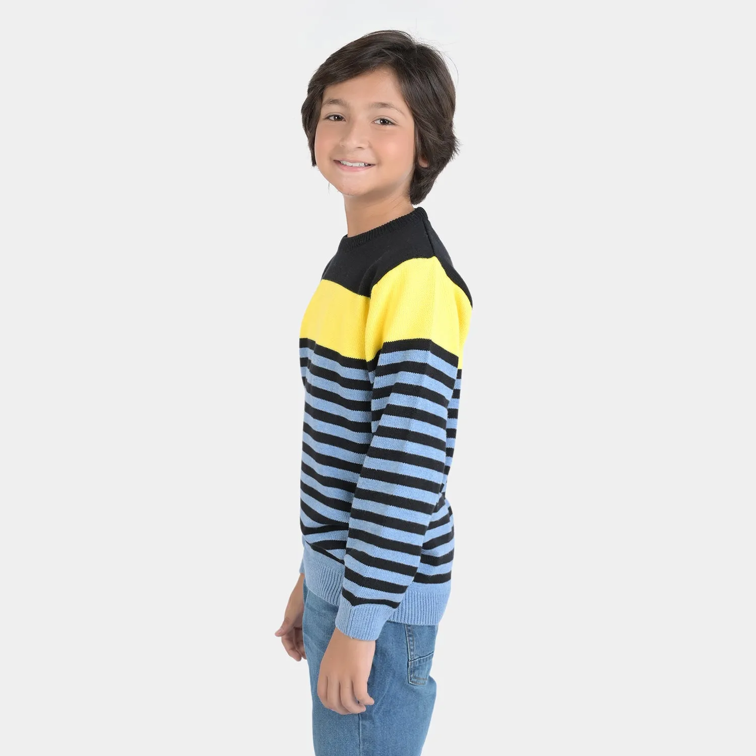 Boys Acrylic Full Sleeves Sweater Striper-Navy/Sky