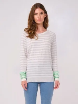 Brodie Cashmere T Cotton and Silk Mix Striped Raglan Ice Water & Silver Haze Jumper