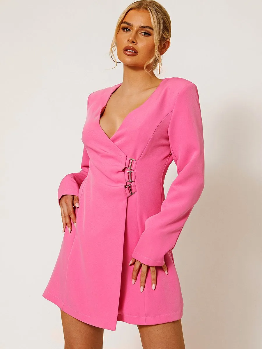 Brooke Wrap Front Blazer Dress With Buckle Detail In Fuchsia