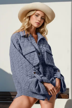 Button Up Quilted Shacket in Dusty Blue