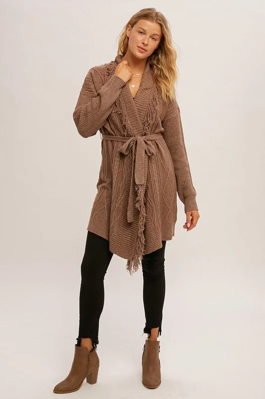 Cable Knit Fringe Belted Wrap Long Cardigan